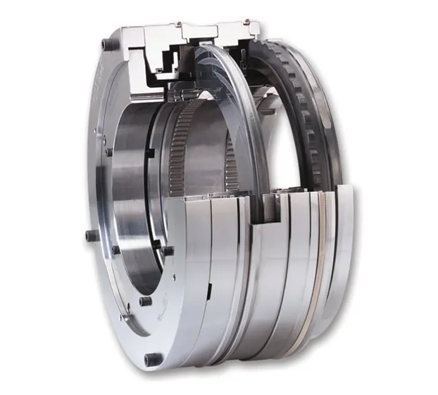 A close up of a metal bearing on a white background