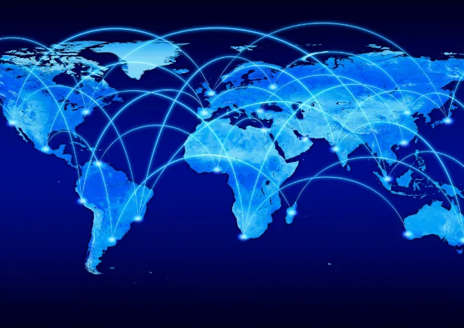 The world map is shown with blue lines