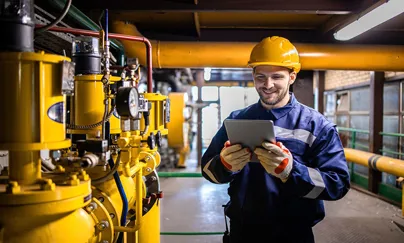A man in a hard hat and safety glasses is using a tablet