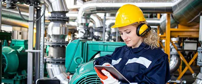 A woman in a hard hat and safety glasses is using a tablet