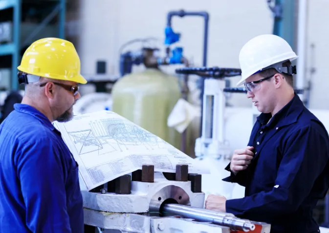Two men in hard hats looking at blueprints
