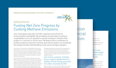 John Crane document tilted "Fueling Net Zero Progress by Curbing Methane Emissions" with a blue background