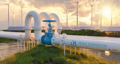 Hydrogen pipeline with "Zero Emission Clean Energy of the Future" label, set against wind turbines and solar panels at sunset.