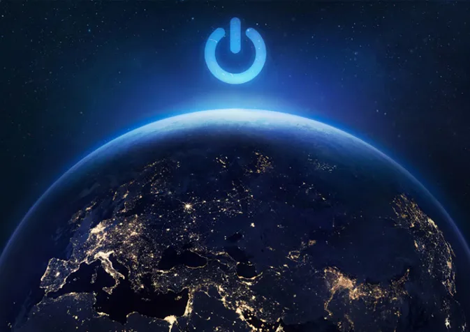 Earth with power button and night sky