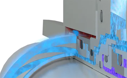A 3d rendering of a machine with blue water flowing through it