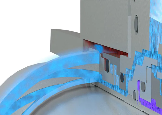 A 3d rendering of a machine with blue water flowing through it