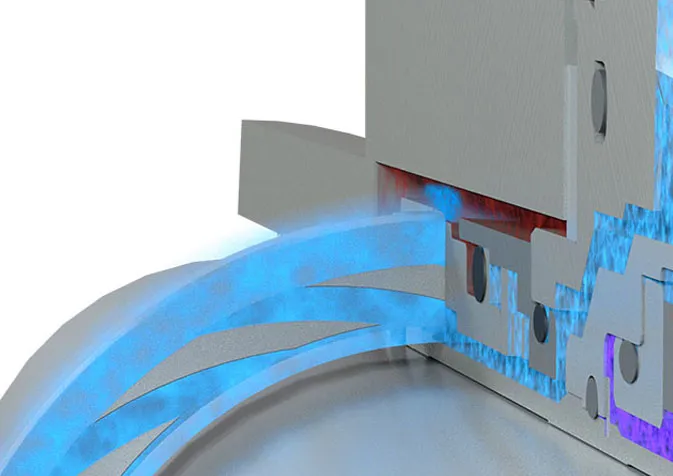 A 3d rendering of a machine with blue water flowing through it