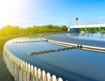 Water treatment plant with water flowing through it