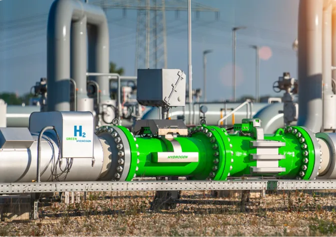 A green pipe with a green valve on it