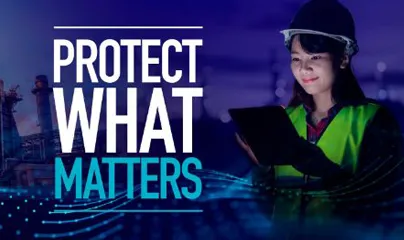 A woman in a safety vest holding a tablet with the words 'protect what matters'