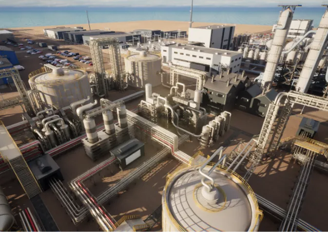 A large industrial facility from above featuring numerous interconnected pipes and equipment in operation.