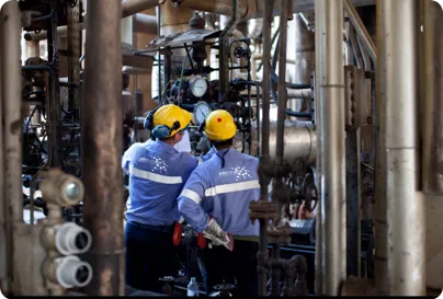 Two people in blue shirts and yellow hard hats work a seal, focused on their task in a work environment.