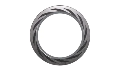 A circular metal ring with a black and white design
