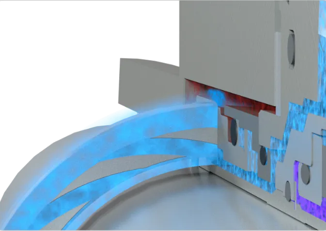 A 3d rendering of a machine with blue water flowing through it